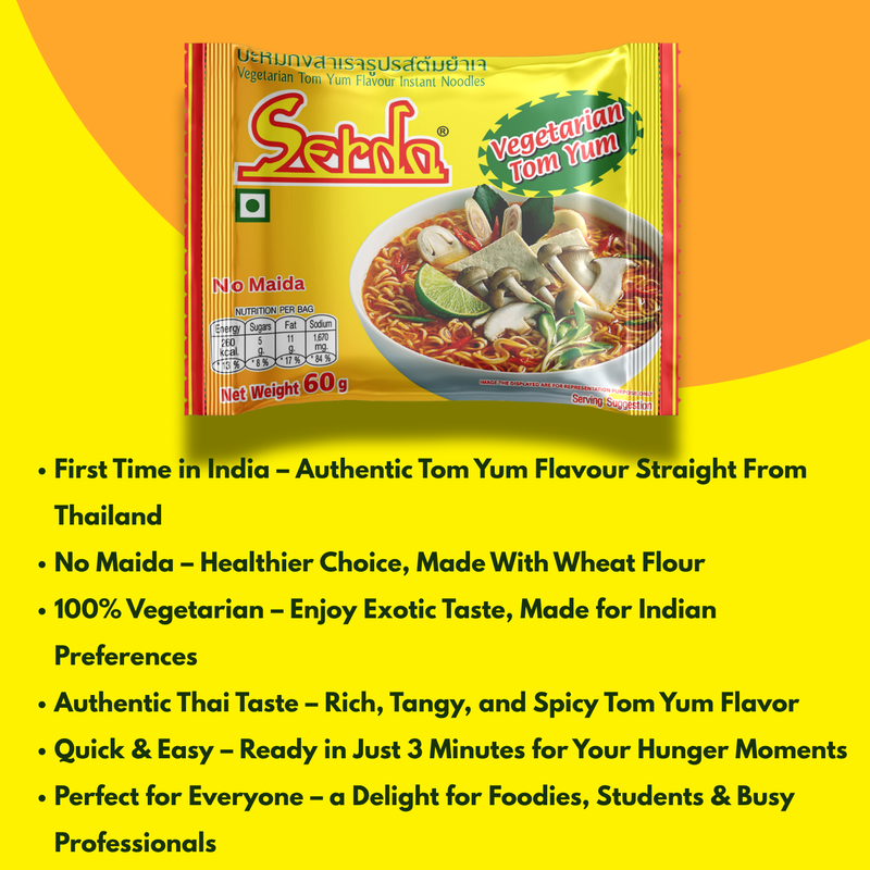Serda Vegetarian Tom Yum Flavors Instant Soup Noodles | 100% Atta | No Maida,| 1 Pack of - 60gms