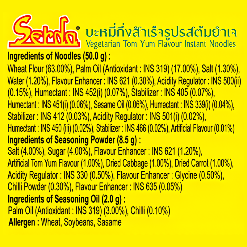 Serda Vegetarian Tom Yum Flavors Instant Soup Noodles | 100% Atta | No Maida,| 1 Pack of - 60gms