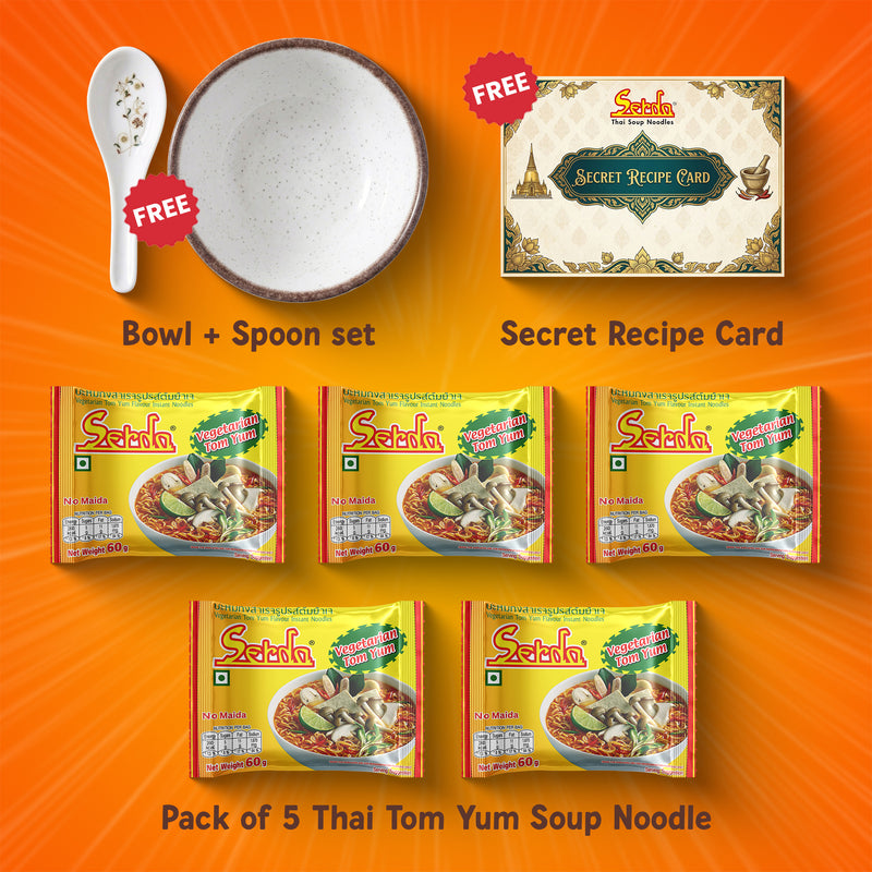 Serda Tom Yum  Instant Soup Noodles 5-Pack Bundle: Free Bowl, Spoon & Secret Recipe Card Included!
