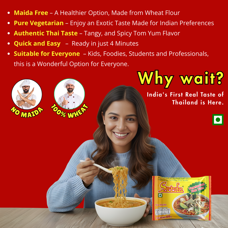Serda Vegetarian Tom Yum Flavors Instant Soup Noodles | 100% Atta | No Maida,| 1 Pack of - 60gms